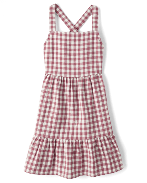 Girls Gingham Tie Back Ruffle Dress