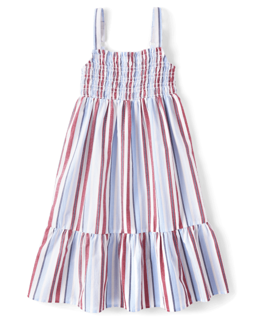 Girls Striped Poplin Midi Tiered Dress