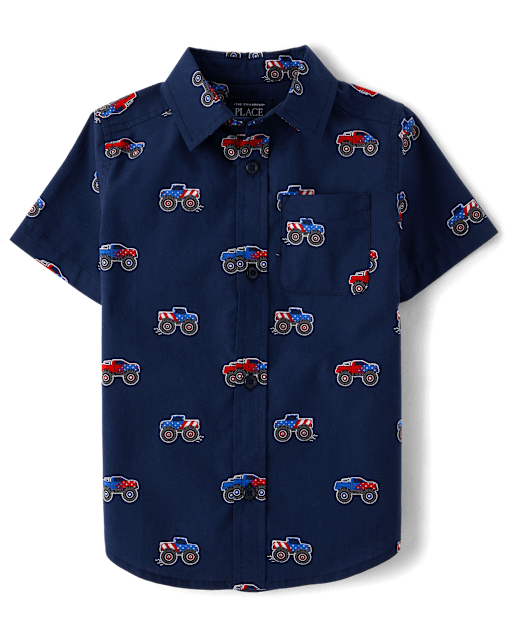 Toddler Boys Americana Monster Truck Poplin Button Up Shirt