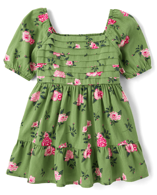 Toddler Girls Floral Pleated Ruffle Dress
