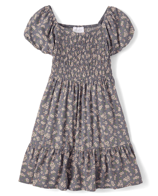 Girls Floral Smocked Ruffle Dress