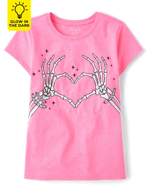 Girls Glow Skeleton Hands Heart Graphic Tee