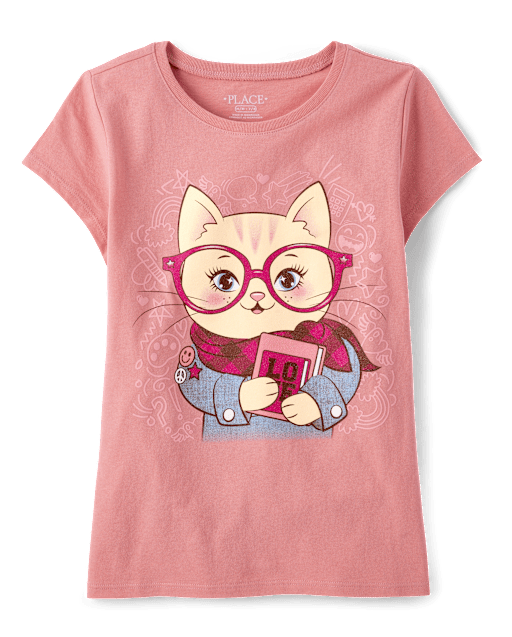 Girls Cat Scarf Graphic Tee