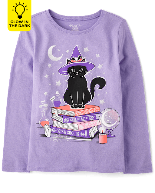 Girls Glow Cat Witch Graphic Tee