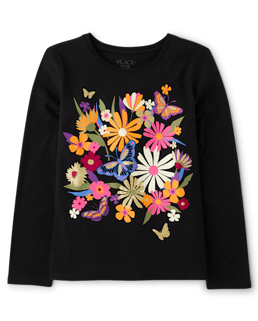 Girls Long Sleeve Flowers Graphic Tee - BLACK | The