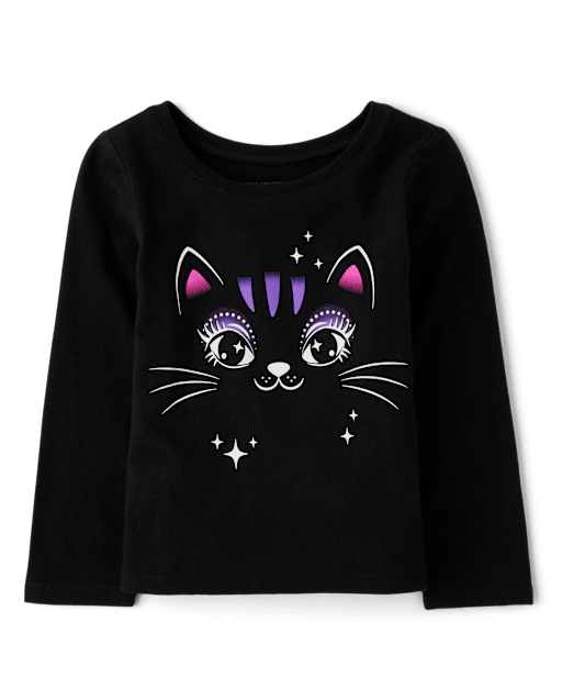 Baby And Toddler Girls Glow Black Cat Graphic Tee