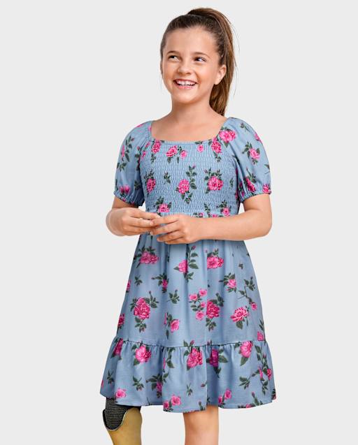 Girls Floral Smocked Ruffle Dress