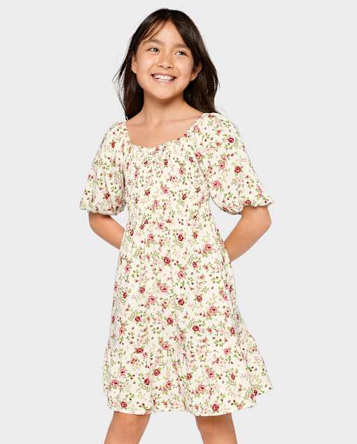 Girls Floral Smocked Ruffle Dress