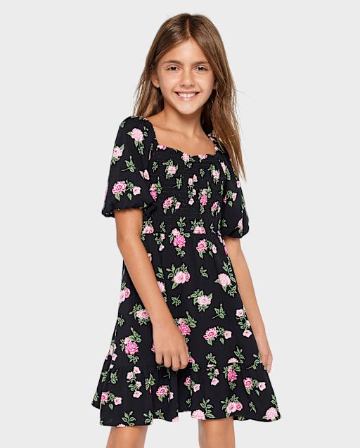 Girls Floral Smocked Ruffle Dress