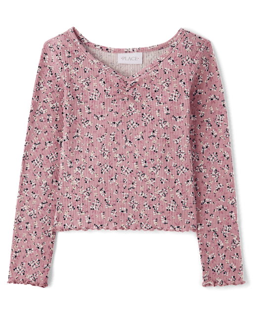 Girls Floral Ribbed Ruched Top