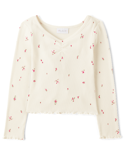 Girls Floral Ribbed Ruched Top