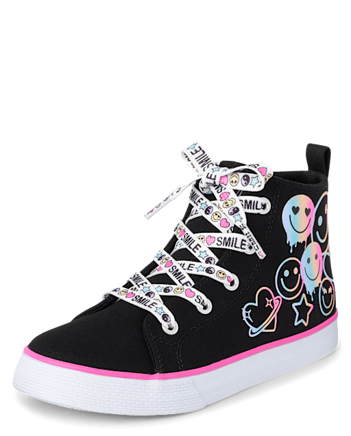 Girls Glitter Happy Face High Top Sneakers