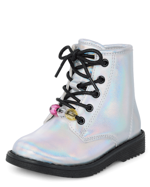 Toddler Girls Holographic Beaded Lace Up Booties