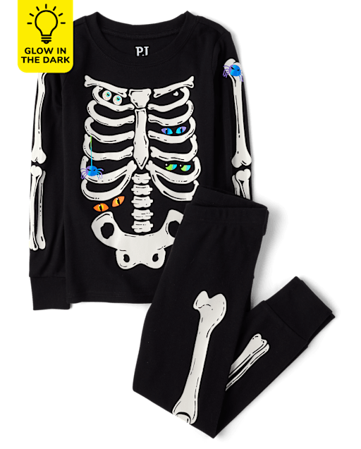 Pyjama en coton ajusté et assorti pour enfants, motif squelette lumineux