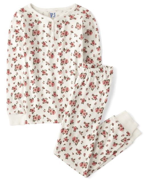 Girls Floral Henley Snug Fit Cotton Pajamas