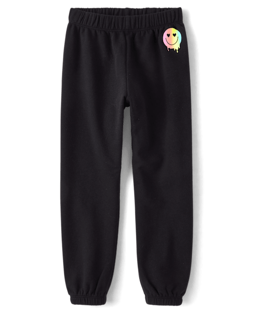 Girls Rainbow Happy Face Fleece Jogger Pants