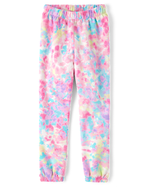 Girls Rainbow Tie Dye Fleece Jogger Pants