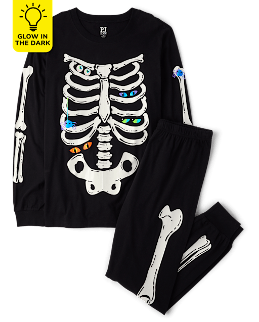 Pijama unisex de algodón con esqueleto brillante familiar a juego para adultos