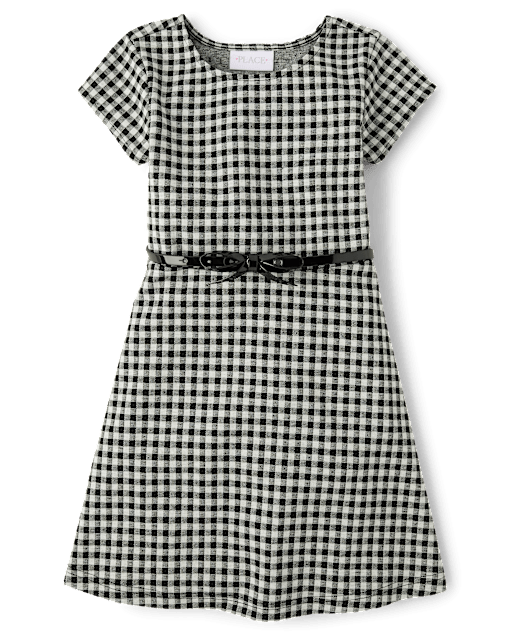 Girls Gingham Ponte Fit And Flare Dress