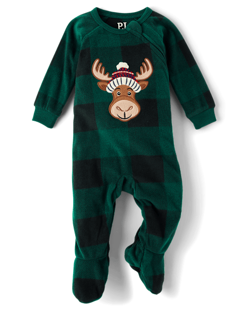 Pijamas de una pieza con patas de micropolar unisex para bebés y niños pequeños a juego con la familia a cuadros de búfalo y alces