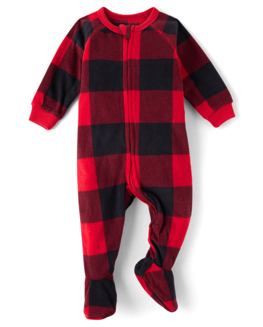 Pijamas de una pieza con patas de micropolar a cuadros de búfalo, unisex, para bebés y niños pequeños, a juego, familiares