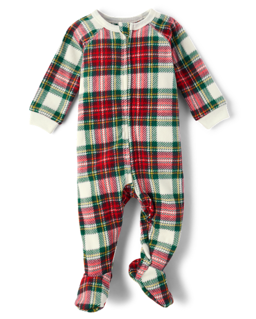Pijamas de una pieza con patas de micropolar a cuadros familiares a juego unisex para bebés y niños pequeños
