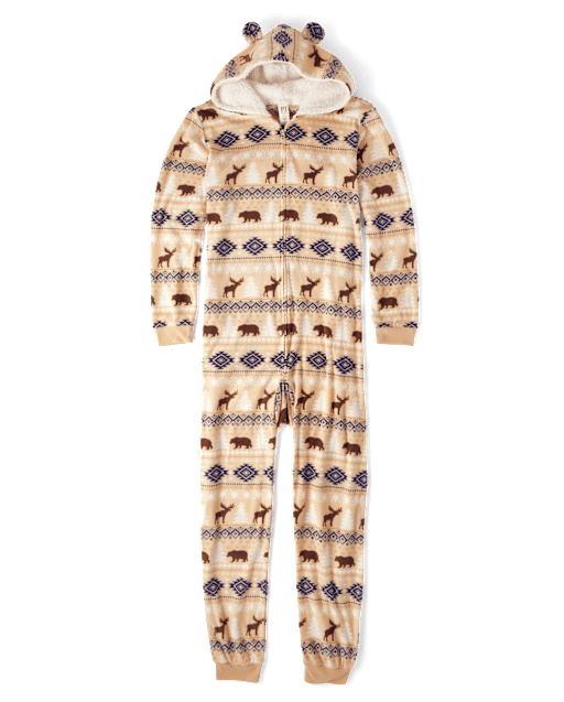 Unisex Adult Matching Family Bear Fairisle Microfleece Hooded One Piece Pajamas