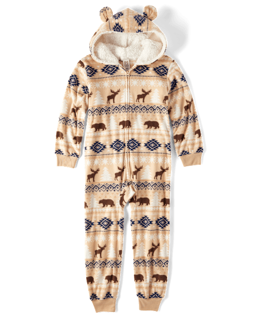 Kids Matching Family Bear Fairisle Microfleece Hooded One Piece Pajamas