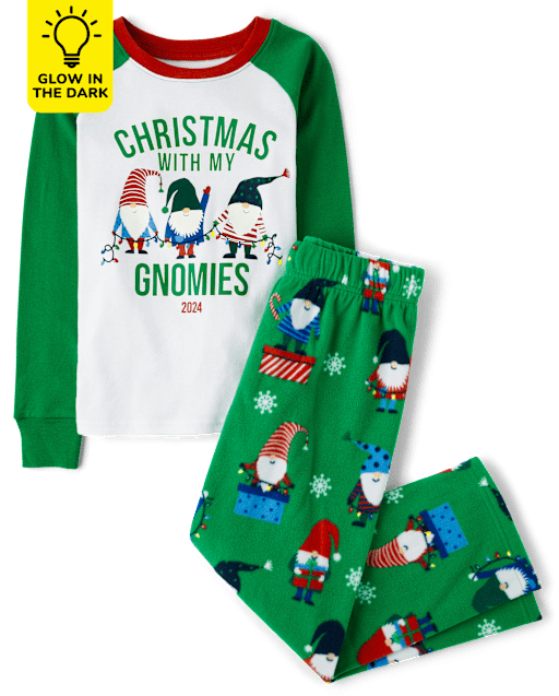 Unisex Kids Matching Family Glow Christmas Gnomies Snug Fit Cotton And Microfleece Pajamas