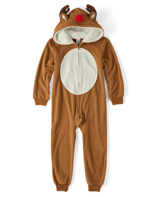 Kids Matching Family Reindeer Microfleece Hooded One Piece Pajamas