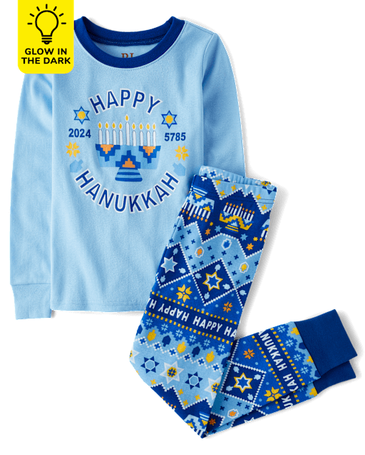 Pijama de algodón unisex para niños con diseño familiar Glow Hannukah