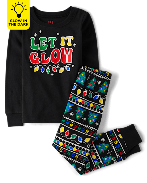 Pijamas de algodón de ajuste ceñido con luces navideñas brillantes familiares a juego unisex para niños