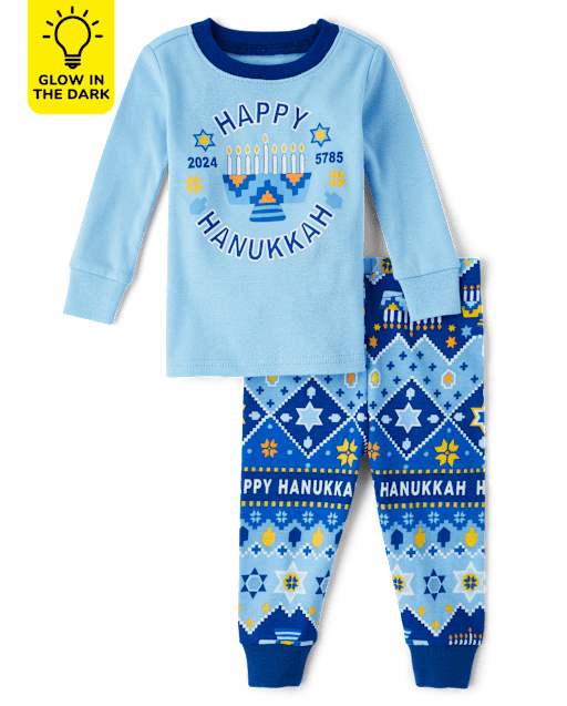 Pijamas de algodón unisex para bebés y niños pequeños a juego Family Glow Hannukah Snug Fit