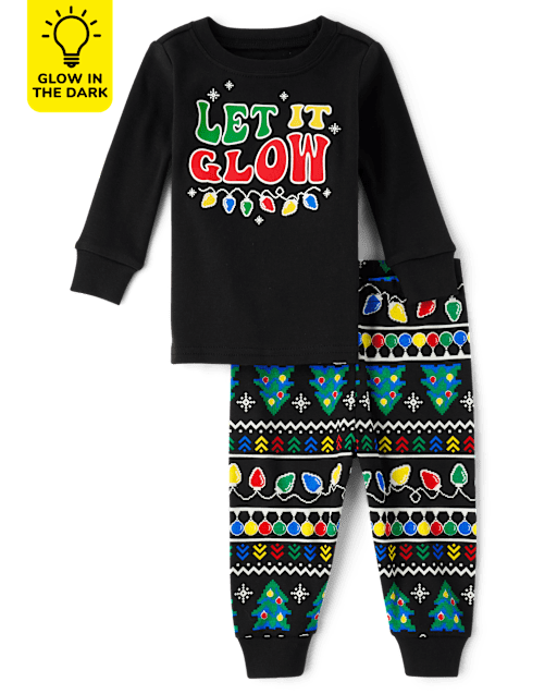 Pijamas de algodón unisex para bebés y niños pequeños con luces navideñas brillantes a juego