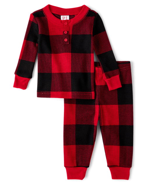 Unisex Baby And Toddler Matching Family Buffalo Plaid Thermal Henley Pajamas