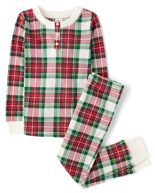 Unisex Kids Matching Family Plaid Thermal Henley Pajamas