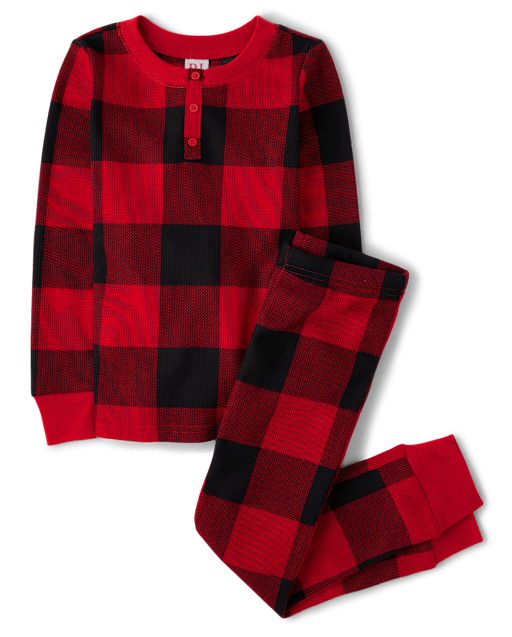 Unisex Kids Matching Family Buffalo Plaid Thermal Henley Pajamas