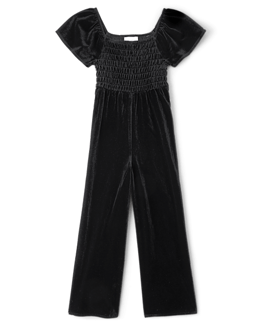 Girls Smocked Wide Leg Velour Jumpsuit