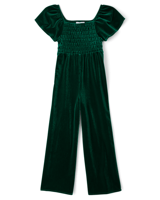 Girls Smocked Wide Leg Velour Jumpsuit
