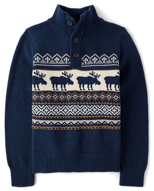Boys Moose Fairisle Mock Neck Sweater
