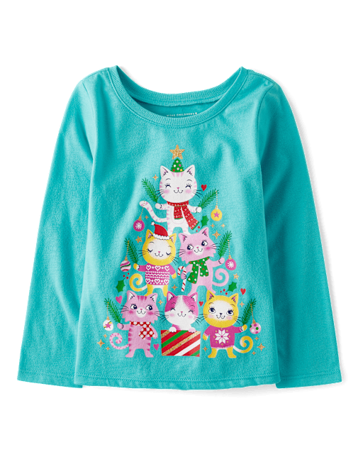 Baby And Niños pequeños Niña Cat Christmas Tree Camisetas estampadas