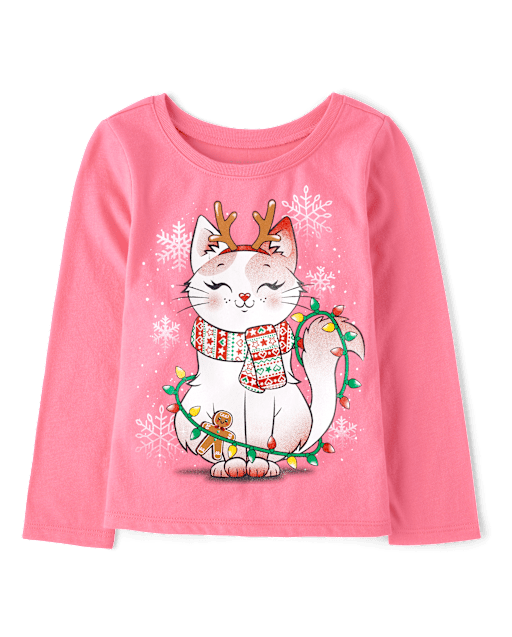 Baby And Niños pequeños Niña Cat Christmas Lights Camisetas estampadas