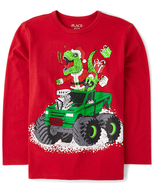 Boys Christmas Dino Truck Graphic Tee
