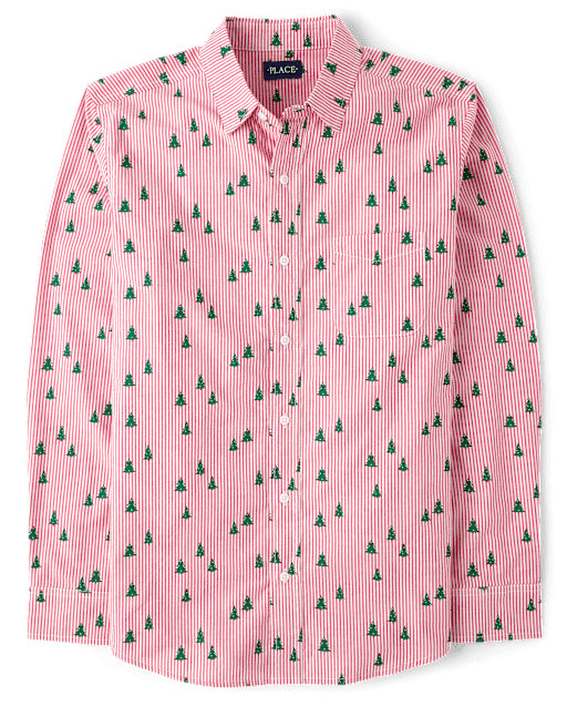 Mens Dad And Me Christmas Tree Poplin Button Up Shirt
