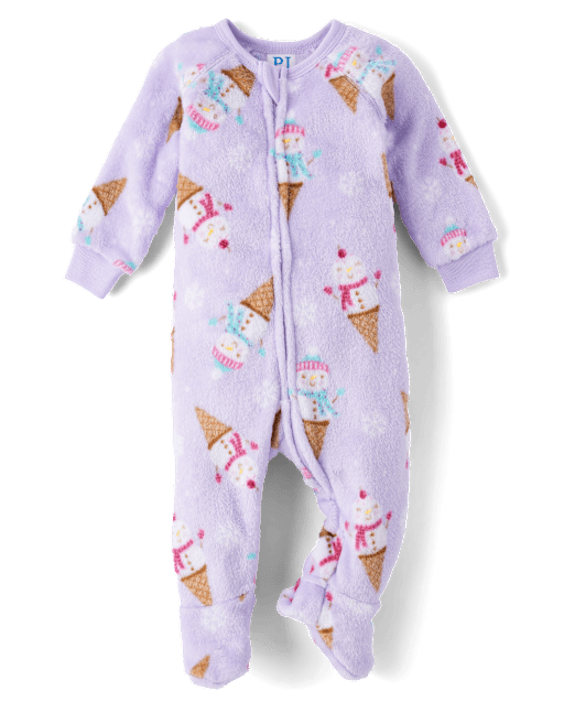 Baby And Toddler Girls Snowman Ice Cream Fleece Footed One Piece Pajamas