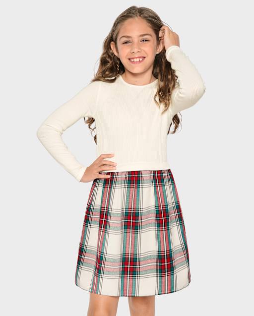 Girls Plaid Ribbed Fit And Flare Dress