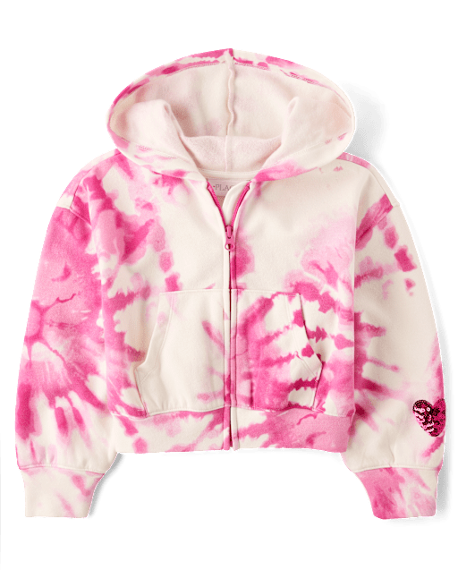 Girls Tie Dye Sequin Heart Fleece Zip Up Hoodie