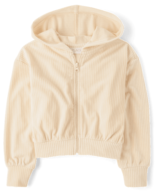 Girls Ribbed Velour Cropped Zip Up Hoodie