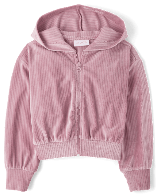 Girls Ribbed Velour Cropped Zip Up Hoodie