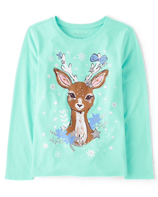 Girls Winter Deer Graphic Tee